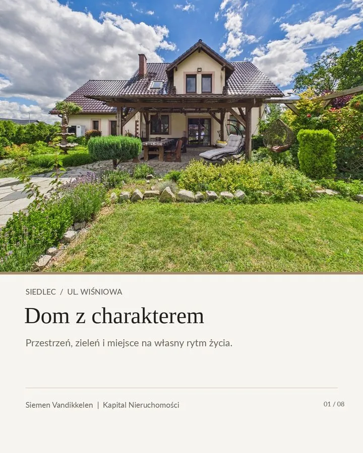 Slajd 1: dom z ogrodem w Siedlcu, nagłówek „Dom z charakterem”