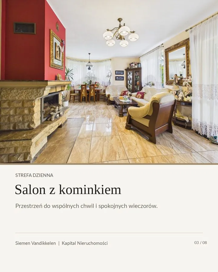 Slajd 3: salon z kominkiem